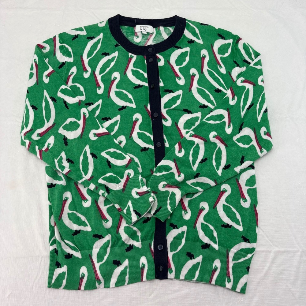 Crown & Ivy Pelican Print Cardigan Sweater Green XL Women Button Front Crew Neck